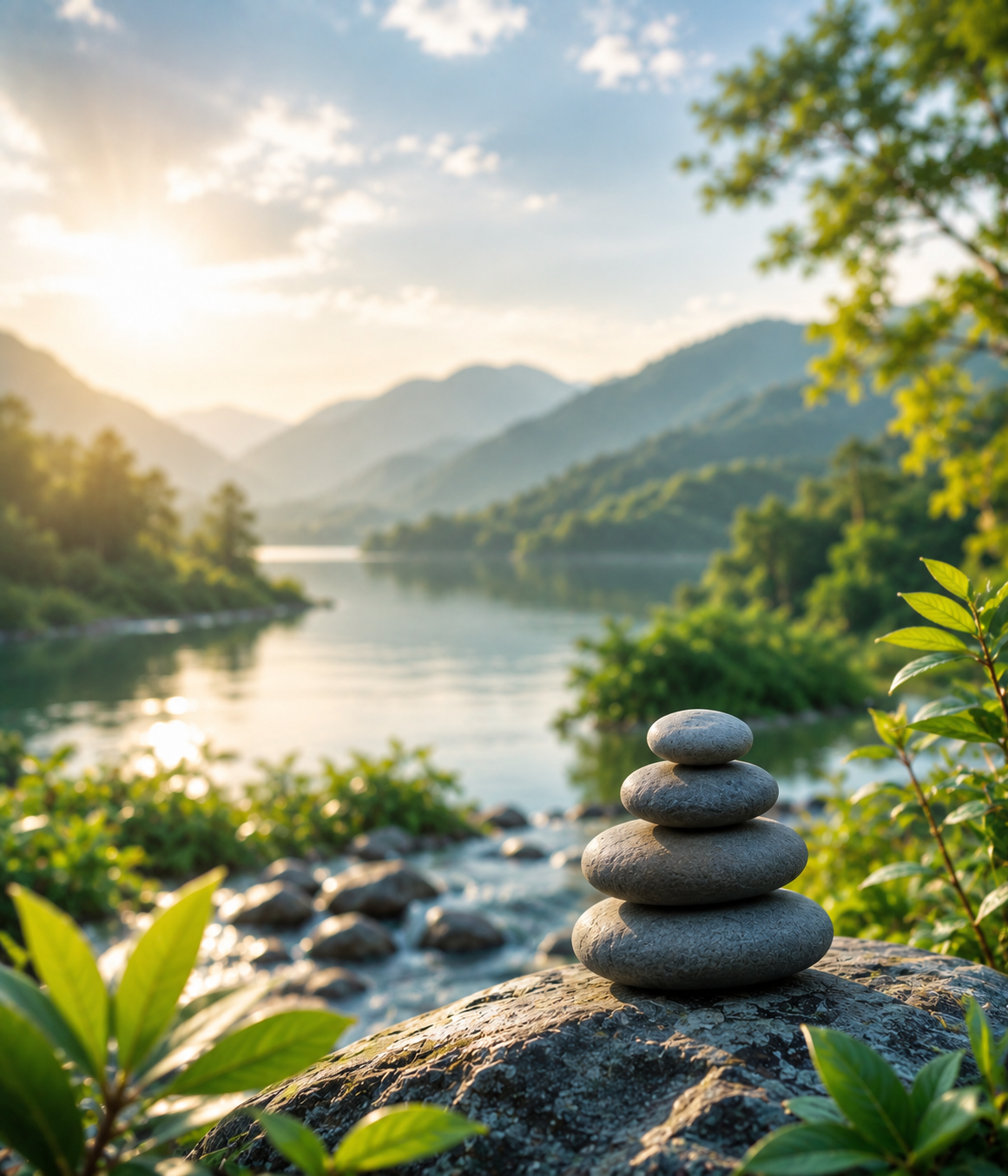 Balanced stones beside a peaceful mountain lake